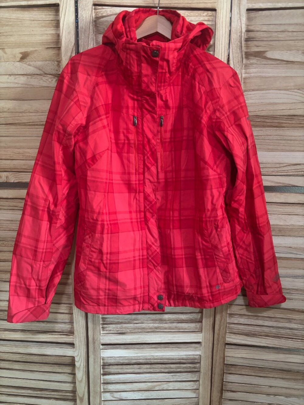 Columbia Interchange Ski Jacket Womens XL Red Plaid Hooded Waterproof Shell